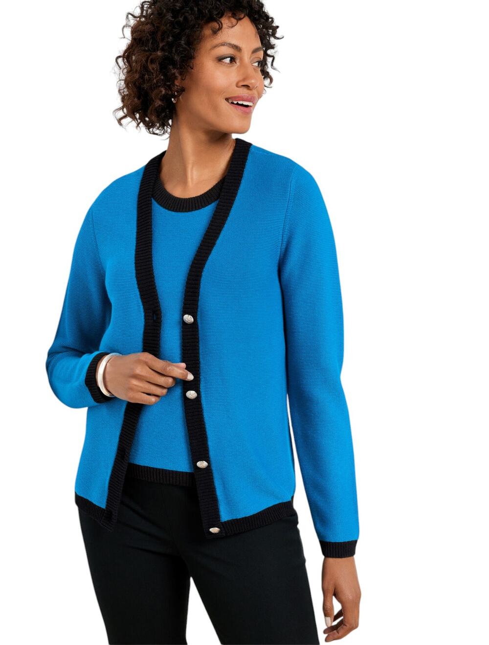 Talbots Tipped Texture V Neck Blue Cardigan Sweater